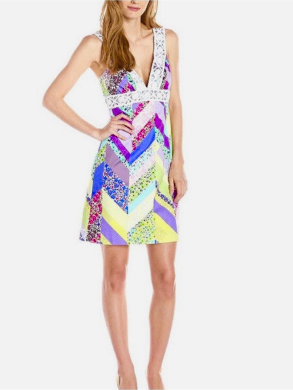 Trina Turk patchwork Chevron Mini Dress crochet Trim boho cottagecore